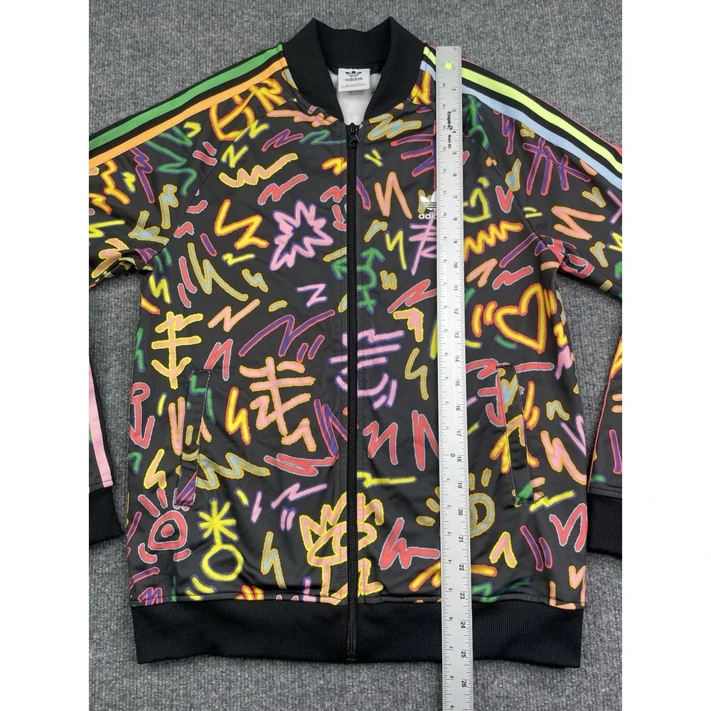 Adidas Track Jacket Youth Large Black Graffiti Print Neon‎ Full Zip